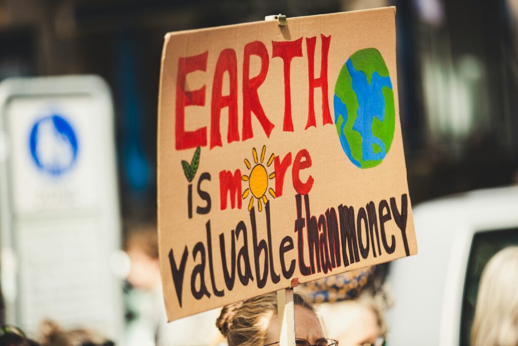 climate protester holding a sign which reads, "earth is more valuable than money, emphasising the importance of sustainability